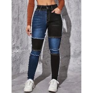 Patched‎ Colorblock Skinny Jeans High Waist Slim Fit Denim Pants Size L